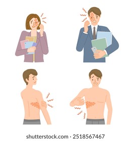 Shingles: illustration set of men and women with pain, itching and swelling