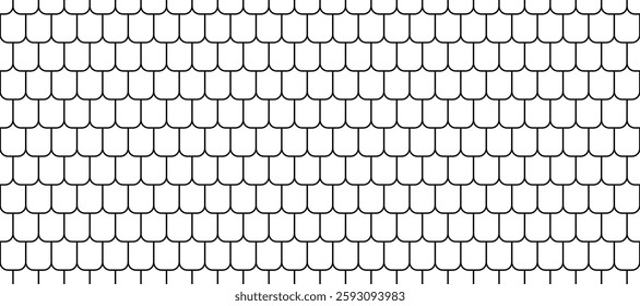 Shingles roof seamless pattern. House roof tile texture. Geometric shape design. Metal construction grid. Fish scales. Vector illustration isolated on white background.