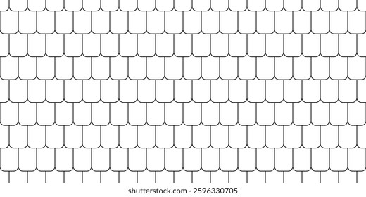 Shingles roof seamless pattern. House roof tile texture. Geometric shape design. Metal construction grid. Fish scales. Vector illustration isolated on white background.