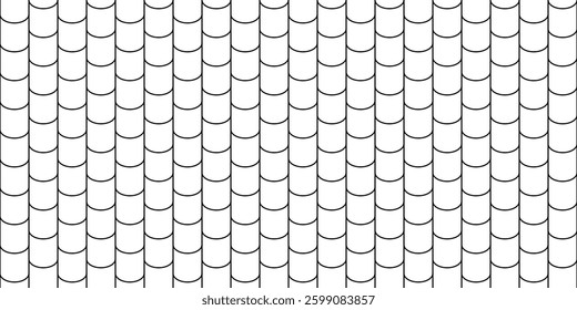 Shingles roof seamless pattern. House roof tile texture. Geometric shape design. Metal construction grid. Fish scales. Vector illustration isolated on white background.