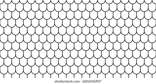 Shingles roof seamless pattern. House roof tile texture. Geometric shape design. Metal construction grid. Fish scales. Vector illustration isolated on white background.