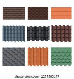 Shingles roof types different color and shape set isometric vector illustration. Architecture building rooftop material design sheet structure construction exterior decoration row curved tile texture