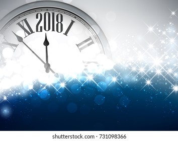 Shining 2018 New Year background with clock. Vector illustration.