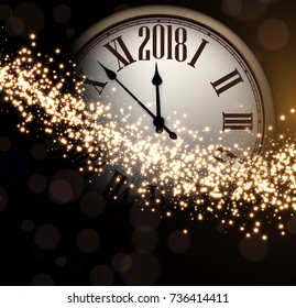 Shining 2018 New Year background with clock. Vector illustration.