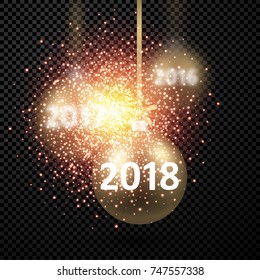 Shining 2018 New Year background with golden Christmas balls. Vector illustration.
