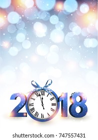 Shining 2018 New Year background with blue clock. Vector illustration.