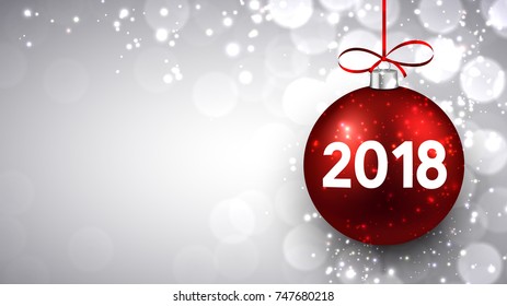 Shining 2018 New Year background with red Christmas ball. Vector illustration.