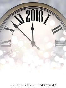 Shining 2018 New Year background with clock. Vector illustration.