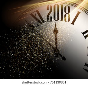 Shining 2018 New Year background with clock. Vector illustration.