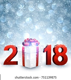 Brillante fondo de Año Nuevo 2018 con regalo y nieve. Ilustración vectorial.
