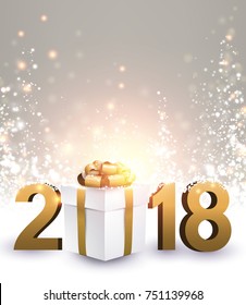 Shining 2018 New Year background with golden gift. Vector illustration.