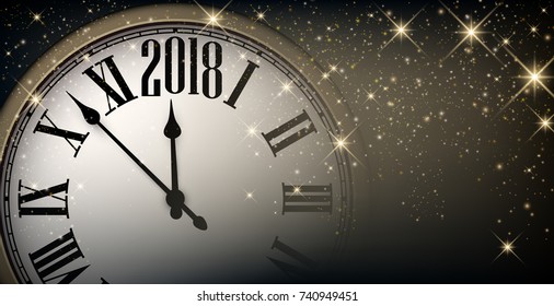Shining 2018 New Year banner with clock. Vector illustration.