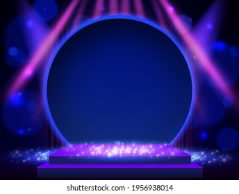 Brillante fondo abstracto con focos de resplandor azul, podio y pancarta redonda. Ilustración del vector