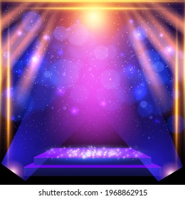 Shining abstract background with blue glow spotlights, platform and bokeh. Design for presentation, concert, show. Vector illustration