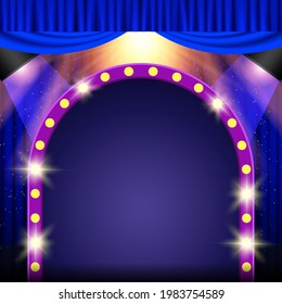 Brillante fondo abstracto con focos de resplandor azul, plataforma y banner retro. Diseño para presentación, concierto, show. Ilustración del vector