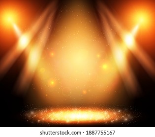 Shining abstract background with golden glow spotlights and dust. Vector illustration