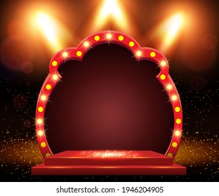 Shining abstract background with golden glow spotlights, podium and arch banner. Vector illustration
