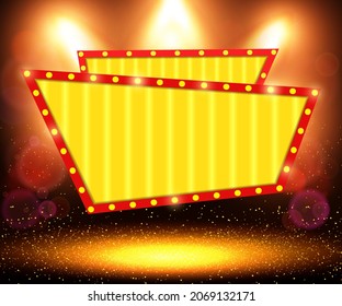 Shining abstract background with golden glow spotlights, podium and arch banner. Vector illustration