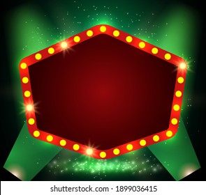 Brillante fondo abstracto con focos de resplandor verde, polvo y pancarta retro. Ilustración vectorial para el diseño