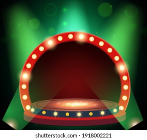 Shining abstract background with green glow spotlights, dust and retro banner. Vector illustration for design