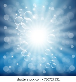 Shining abstract blue background with sun rays, bubbles and bokeh. Vector illustration.