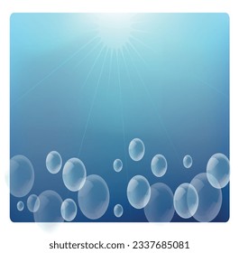 Un fondo azul brillante con vigas de sol y burbujas de jabón con bokeh. ilustración vectorial