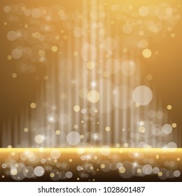 Shining abstract golden background with sun rays, bubbles and bokeh. Vector illustration.