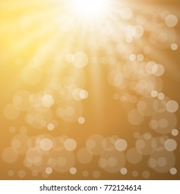 Shining abstract golden background with sun rays, bubbles and bokeh. Vector illustration.