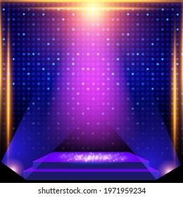 Shining abstract mosaic background with blue glow spotlights, platform and bokeh. Design for presentation, concert, show. Vector illustration