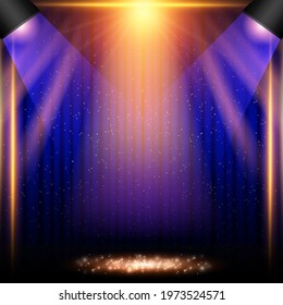 Shining abstract mosaic background with blue glow spotlights and dust. Design for presentation, concert, show. Vector illustration
