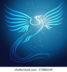 Shining abstract Phoenix bird on blue background with stars - vector illustration