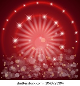 Shining abstract red background with sun rays, stars, bubbles and bokeh. Vector illustration.