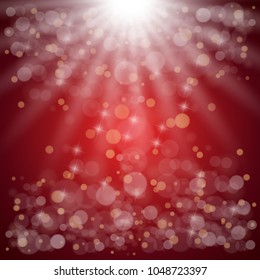 Shining abstract red background with sun rays, bubbles and bokeh. Vector illustration.