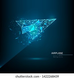 Shining airplane, consisting of triangles, points and lines. Vector illustration.