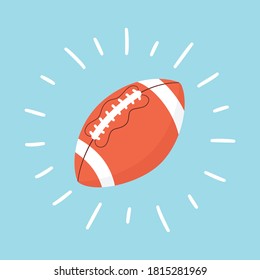 Shining american football ball. Rugby ball. Sport card. Hand drawn vector illustration in cartoon and flat style on blue background