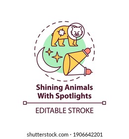Shining animals with spotlights concept icon. Harm wildlife. Animal welfare. Nature conservation idea thin line illustration. Vector isolated outline RGB color drawing. Editable stroke