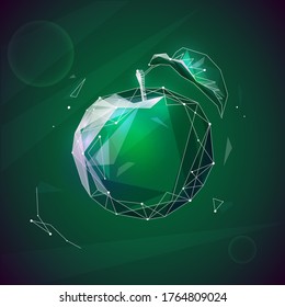 A shining apple composed of shards of glass that reflect light, isolated on a green background. Modern wire frame mesh design vector illustration.