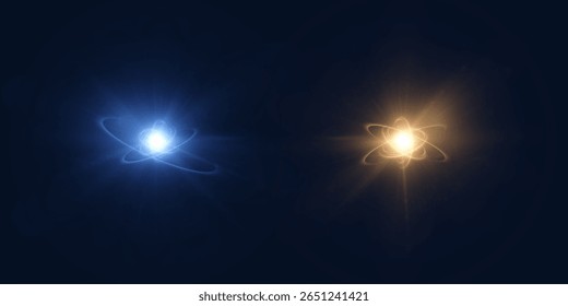 Shining atom with blue and gold glow on dark background. Vector light element for illustrations about science, energy, quantum physics.