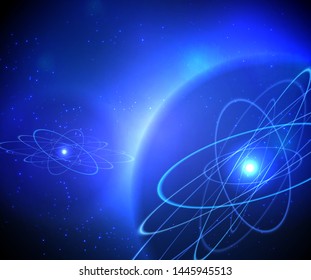 Shining atom model. Neon orbit with galaxy blue background. Vector