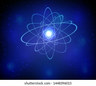 Shining atom model. Neon orbit with galaxy blue background. Vector