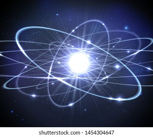 Shining atom model. Neon orbit with galaxy blue background. Vector