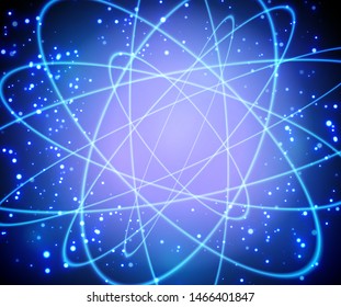 Shining atom model. Neon orbit with galaxy blue background. Vector