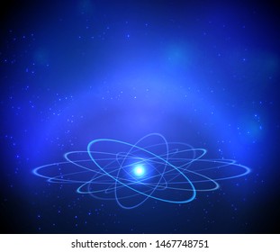 Shining atom model. Neon orbit with galaxy blue background. Vector