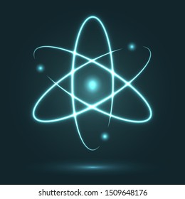 Shining atom on a black background. Vector illustration. Scientific symbol of physics and nuclear energy. Neon lights orbiting model. Energy concept with Nucleus of atom and rotating electrons.