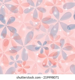 Shining background with blue and pink flowers. Pink floral seamless pattern