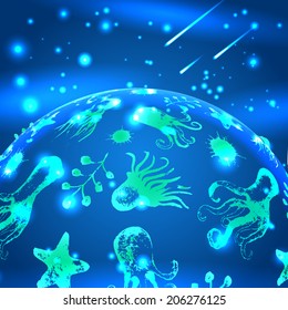 Shining background with an octopus.Watercolor vector template.