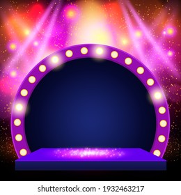 Shining background with spotlights and retro arch banner. Design for presentation, concert, show. Vector illustration