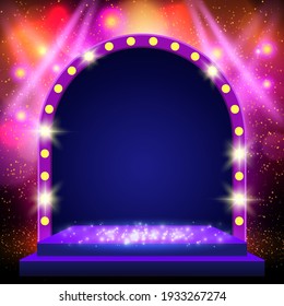 Shining background with spotlights and retro arch banner. Design for presentation, concert, show. Vector illustration