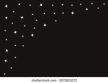 Shining background with Stars Sparkles glitter sign symbol set. Christmas Birthday card decoration. Corner frame. Sparles and stars. Glowing effect. Flat design. Black color backdrop. Vector