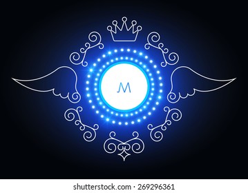 Shining badge with lights & mono line wings. Vector illustration